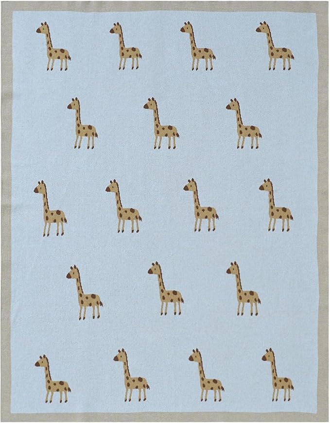 Opewod Soft Cotton Knit Baby Blanket with Cute Deer Print 40x30in Newborn Receiving Blanket Swaddle Cuddle Blanket for Crib, Stroller, or Nursery for Infants & Toddlers Light Blue