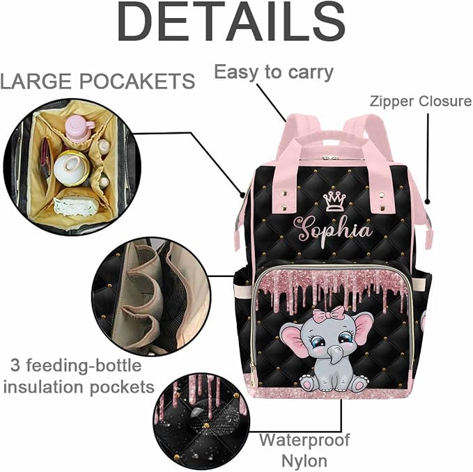 MyPupSocks Diaper Bag Backpack in Pink Personalized with Name Custom Mommy Nursing Baby Bags Multifunction Nappy Daypack with Large Capacity Casual Backpack Holiday Gift for Women