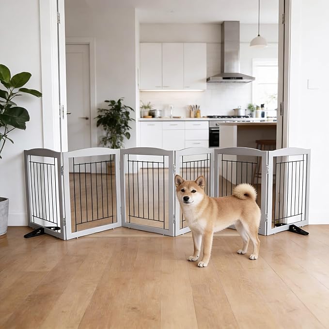 Dog Fence Indoor,Dog Gate Indoor for Doorway pet gate -6-Panel Freestanding, Hallways, House or Stairs -120x24-Inch Retractable Foldable Expandable Wood Pet by SFJC (Grey) ﻿