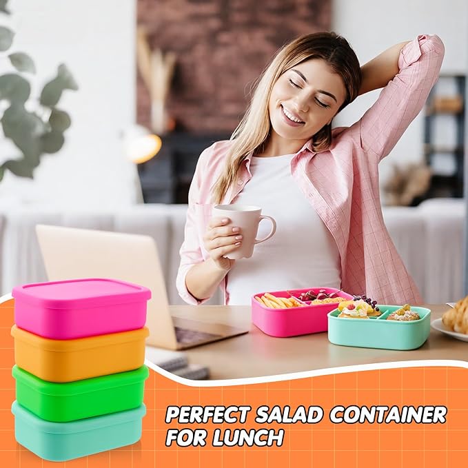Layhit 4 Pcs Silicone Bento Box for Adults, 27 oz Bento Lunch Container Reusable Food Container for Women Men, Leak Proof Microwave Dishwasher Freezer Safe (3 Compartments,Vivid Colors)