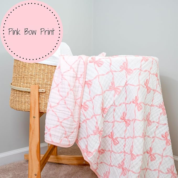 LollyBanks Muslin Baby Blanket, 100% Cotton 6 Layers Cozy Newborn Blanket for Girls, Large 47 x 47 Inches Baby Receiving Blankets, Durable Toddler Blanket, Baby Essentials, Registry (Pink Bow Print)