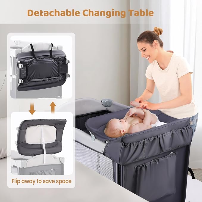 JOYMOR 5-in-1 Pack and Play with Bassinet and Changing Table, Lightweight Travel Crib, Foldable Baby Playard, Waterproof Changing Top, Carry Bag & Wheels