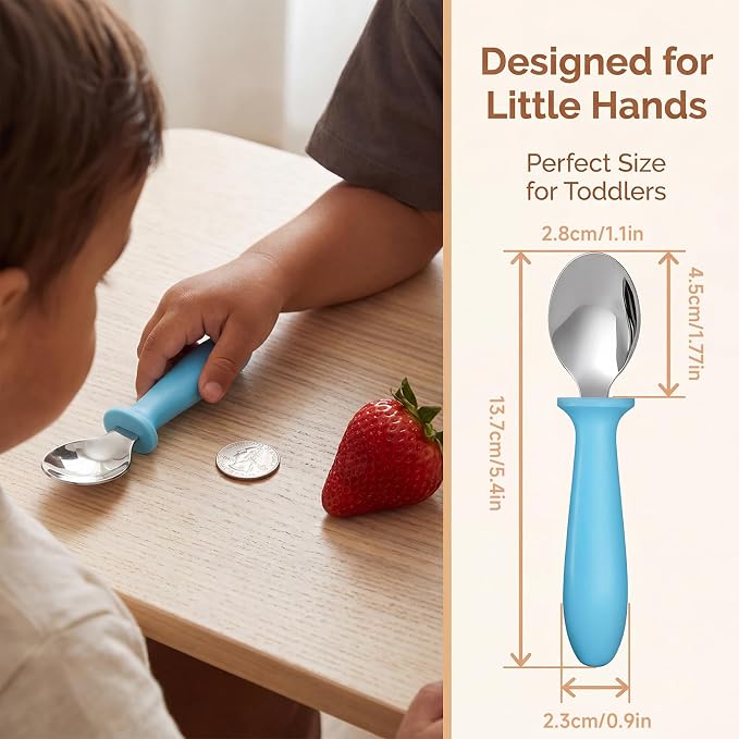 Pimoys 6 Pieces Toddler Utensils Forks and Spoons Kids Silverware Set Stainless Steel Toddler Silverware - Plastic Handle for Self-Feeding Training Daily Meals and Travel Use Dishwasher Safe