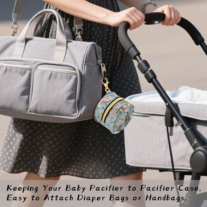 Pacifier Holder with Clip Pacifier Case for Diaper Bag Round Baby Pacifier Pouch Box Bag Portable Birds on The Floral Branches