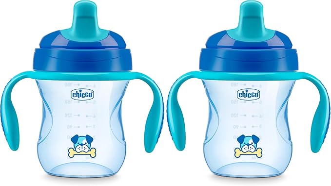 Chicco 7oz. Semi-Soft Trainer with Bite-Resistant Spout and Spill-Free Lid | Removable, Non-Slip Handles | Top-Rack Dishwasher Safe | Easy to Hold Ergonomic Indents | Blue| 6+ months (Pack of 2)