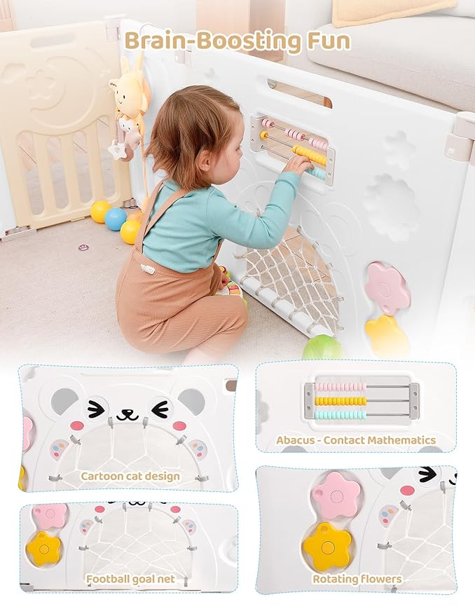Baby Playpen, Dripex Baby Playard for Babies and Toddlers, 14-Panel Foldable Playpen Adjustable Portable Play Area, Indoor/Outdoor Kids Active Center with Game Panel & Safety Gate, Yellow White