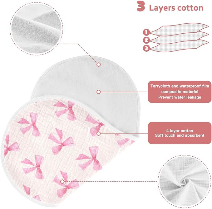 Burbuja Pink Bow Muslin Baby Burp Cloths, Soft & Absorbent Cotton Burping Rags for Newborn Boys & Girls, 4 Pack