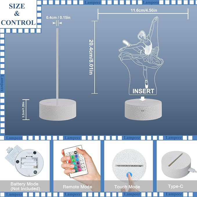 Lampeez Ballet Gifts Kids 3D Ballerina Night Light Ballet Dancer Lamp with 16 Colors Remote Control Changing Birthday Xmas Gift Idea for Boys and Girls
