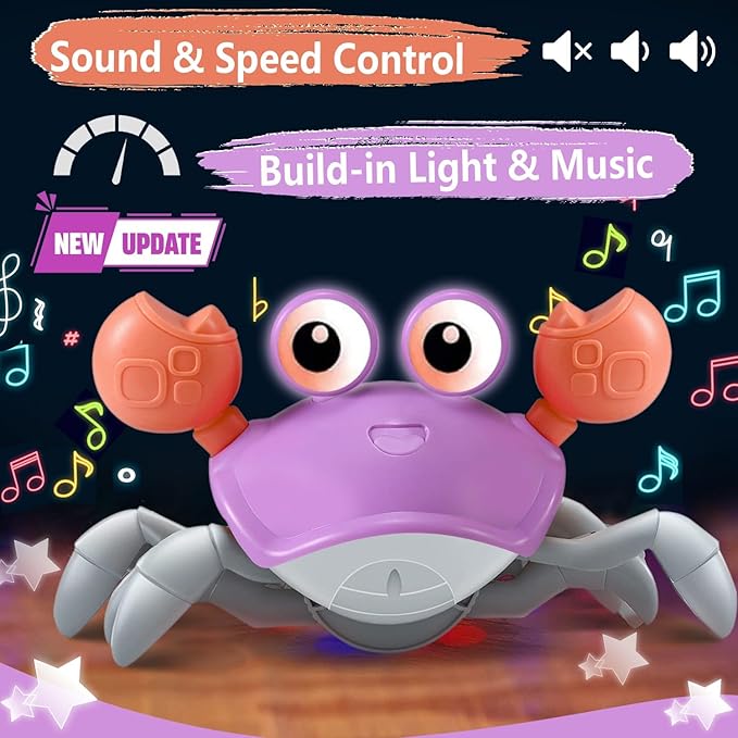 Purple Crawling Crab Baby Toy ??Violet Tummy Time Interactive Moving Crab Toy with Music & Lights, Cute Running Escape Catch Me Toy for 0?? Month Infants, 6??2 Month Crawlers & Early Walkers