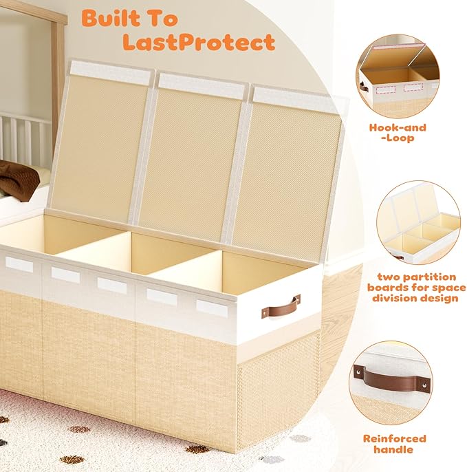 Dayacoco Extra Large Toy Box Chest with Lids, Collapsible Sturdy Kids Toy Storage Organizer Boxes for Boys Girls, Collapsible Sturdy Toys Chest Storage Organizer Bin Basket,40"X14"X16", Beige & White