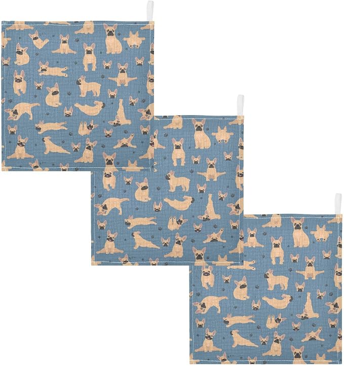 vvfelixl Baby Cotton Washcloths French Bulldog Pug Infants Bath Towel for Unisex Puppy Face Towels for Newborn, Natural Baby Wipes Delicate Skin, 11.8 X 11.8 inch, one sizex5