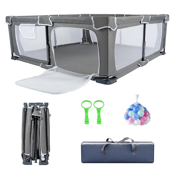 Foldable Baby Playpen,PlayPens for Babies and Toddlers，Indoor Outdoor Safety Play Area, Portable Child Activity Large Collapsible Play Yard，Folding Fence (Cationic Fabric-Grey, 59"x71")