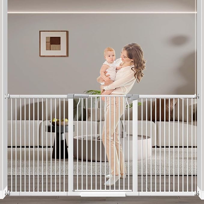 72.2"-76.7" Extra Wide Baby Gate, 40.5" Tall Dog Gate Indoor,Walk Through Pet Gates for Doorways Kitchen No Drilling Auto Close Pressure Mounted Safety Child Toddler Gate, White