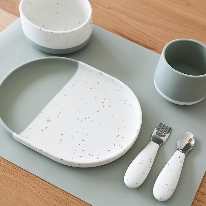 Yeah Baby Goods Silicone Plate for Highchair Trays & Full Set Tables - Duo-Toned, Modern Terrazzo Kids Plates - Dishwasher & Microwave Safe Plates - Non-Suction Baby Dishes (Sage/Brown Speckle)