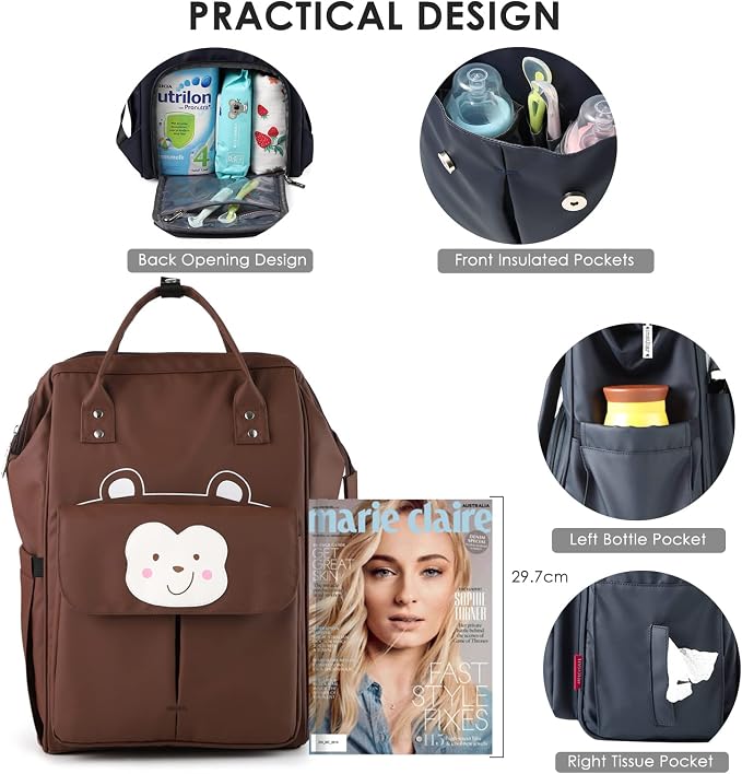 SONARIN Stylish Large Capacity Diaper Bag Backpack,Travel Nappy Changing Bag Mommy Bag with Changing Mat & Stroller Straps(Brown)