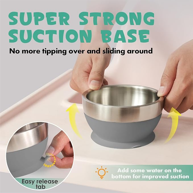 MR. CHOU Baby Bowl Set with Spoon & Fork, Insulated Double-Layer 18/8 Stainless Steel Toddler Bowls with Silicone Suction Cup & BPA Free Airtight Lids, Food Grade Infant Self-Feeding Bowl, Gray