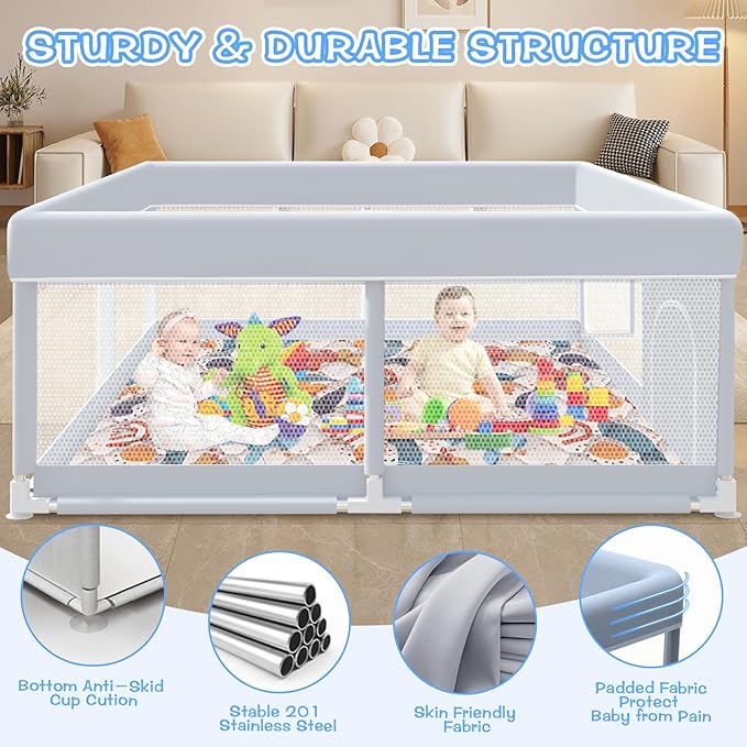 XVISHX Baby Playpen with Mat, 65 x 50 Inch Play Pen Playards, Playpen for Babies and Toddlers, Baby Playard for Indoor & Outdoor Active Center Game Fence, Skin-Friendly Fabric and Soft Breathable Mesh