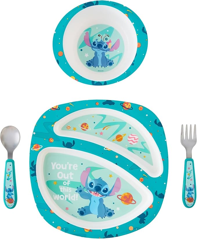 The First Years Disney Stitch Toddler Dinnerware Set - Officially Licensed 4-Piece Feeding Set with Bowl, Plate, Fork, and Spoon - Dishwasher Safe Toddler Feeding Supplies - Ages 9 Months and Up