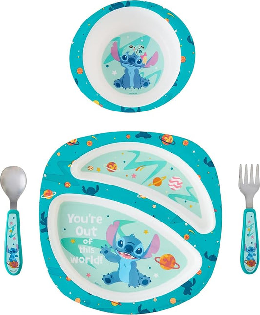 The First Years Disney Stitch Toddler Dinnerware Set - Officially Licensed 4-Piece Feeding Set with Bowl, Plate, Fork, and Spoon - Dishwasher Safe Toddler Feeding Supplies - Ages 9 Months and Up