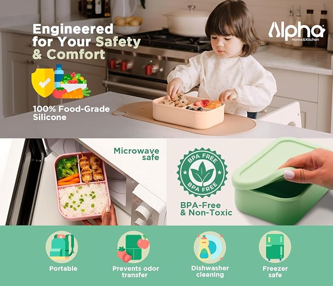 Silicone Bento Box for Kids, 3 Compartment Lunch Box, Small Portions, BPA Free Snack Container, Leak Resistant, Easy to Clean, Dishwasher Safe