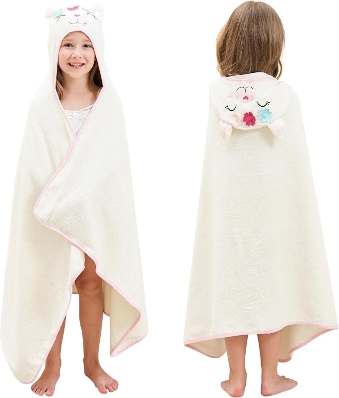 Style Quarters Baby Bath Towel - 100% Cotton Terry Soft Hooded Towel Cartoon Alpaca Baby Beach Towels Super Absorbent Large Embroidery Kids Hooded Bath Toddler Towel with 50"x30"(Milky White Alpaca)