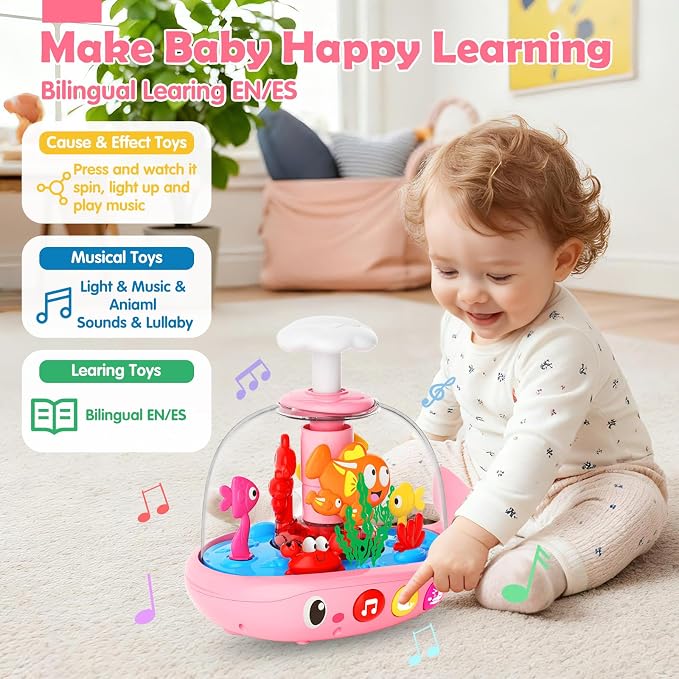 Toys for 1 Year Old Girl Gifts - Press & Spin Aquarium Light Up Musical Baby Toys 6-12 Months - Tuumy Time Toy for Infant 6-9-12-18 Months - Bilingual Learning Educational Toy for 1-3 Year Old Boys