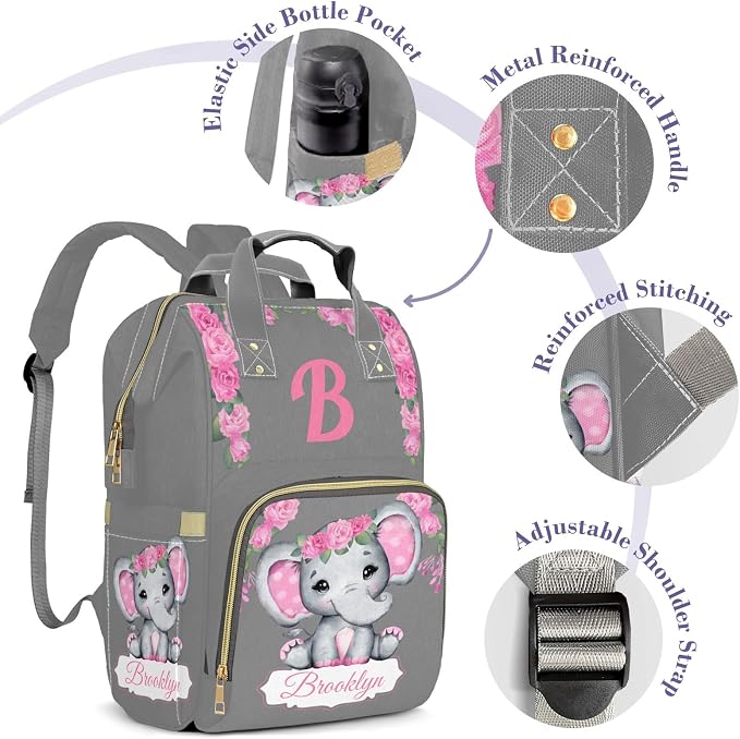 Custom Diaper Bag with Name Personalized Multifunctional Mommy Backpack for Daughter Granddaughter, Grey Daypack Bag for Travel