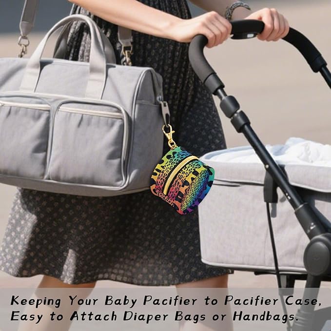 Pacifier Holder with Clip Pacifier Case for Diaper Bag Round Baby Pacifier Pouch Box Bag Portable Rainbow Leopard Print