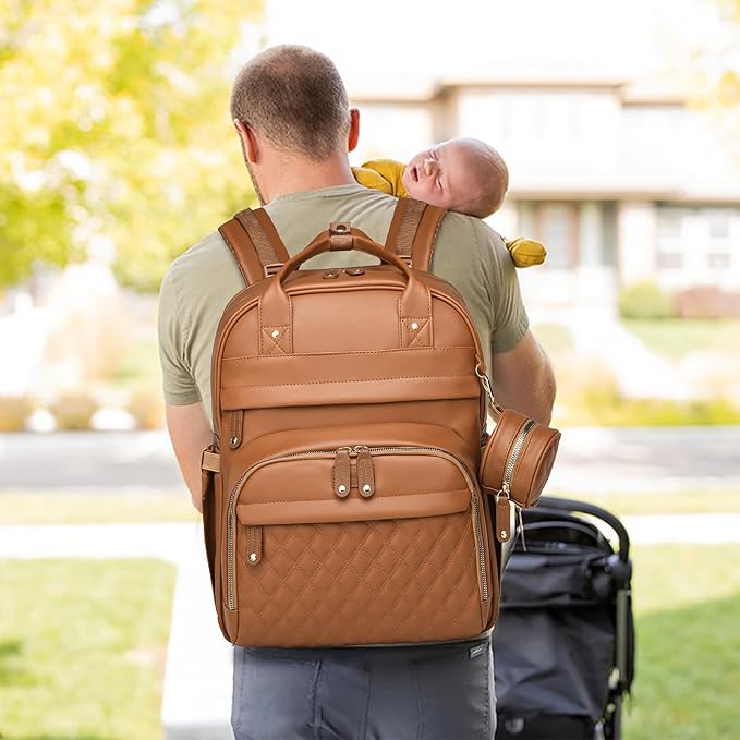 Leather Diaper Bags with Changing Station，Baby Bag，Large Capacity Diaper Bag Backpack for Moms Dads,Waterproof Diaper Backpack（Brown）