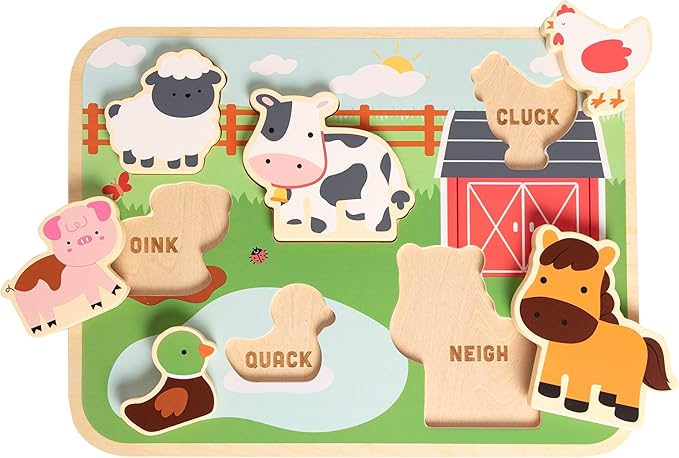 Pearhead Wooden Barn Puzzle, Farm Animal Learning Puzzle for Toddlers, Learn Animal Sounds Pegged Puzzle, Montessori Educational Toy