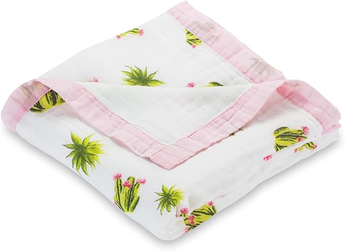 LollyBanks Muslin Quilt Blanket, Large 47 x 47 Inches Versatile Crib Blanket for Baby Girls, 6 Layers Newborn Blanket, Soft Blend 70% Viscose Made from Bamboo + 30% Cotton, Registry (Cactus Print)