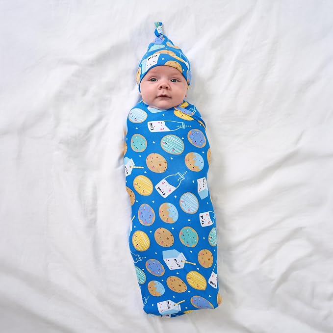 Little Sleepies Swaddle & Hat Set, Baby Swaddles Newborns, Soft Viscose from Bamboo Swaddle Blanket Wrap (Blue Cookies & Milk)