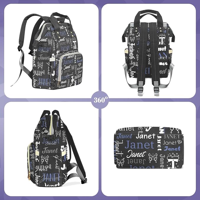 Custom Diaper Bag with Name Personalized Multifunctional Mommy Backpack for Daughter Granddaughter, Black Daypack Bag for Travel