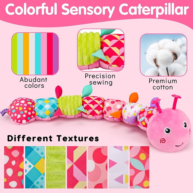 Baby Tummy Time Toy 0-6 Month Musical Stuffed Animal Plush Caterpillar Toy for Infant 6-12 Month Teething Sensory Toy with Crinkle Rattle for Babies 0-3-6 Month Newborn Toys for Boy Girl Birthday Gift
