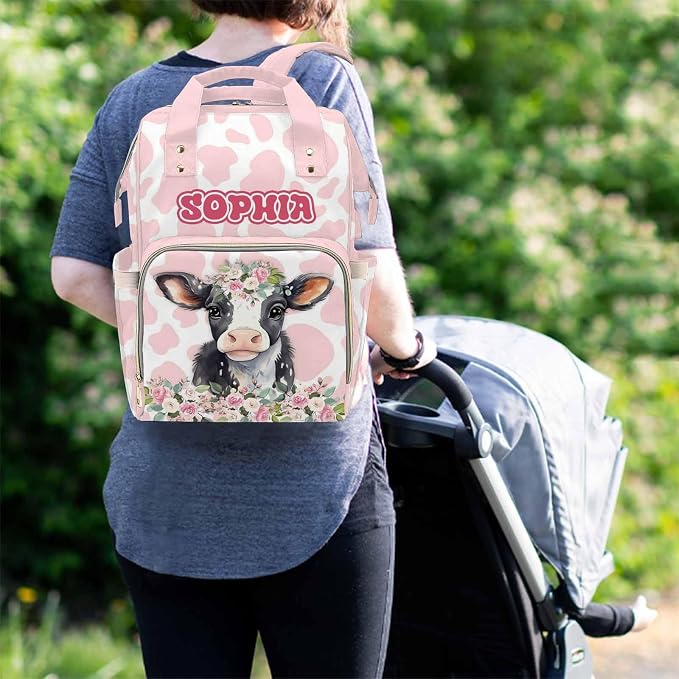 MyPupSocks Customized Name Diaper Bag with Adorable Cow- Tailored Mommy Backpack Comfort for You and Your Little One