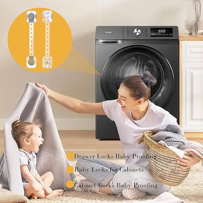 Fursafe&Q Child Safety Cabinet Proofing, Baby Cabinet Locks Adhesive Adjustable Child Safety Strap Locks Drawer Fridge Ovens Toilet Latches No Screws for Furniture Kitchen 2 Pack