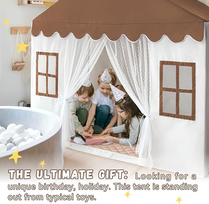 Kids Play Tent with Mat, Large Playhouse Play Tent Indoor for Girls Boys, Kids Tent Toys for Toddlers Children Play House Toy Birthday Gift (Brown)