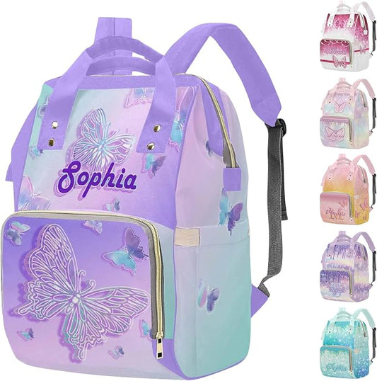 M YESCUSTOM Custom Diaper Bag for Girls - Large Capacity Backpack with Pockets, Butterfly Personalized Baby Diaper Bags for Mom - Waterproof Nappy Bag with Name - Mothers Day Gift