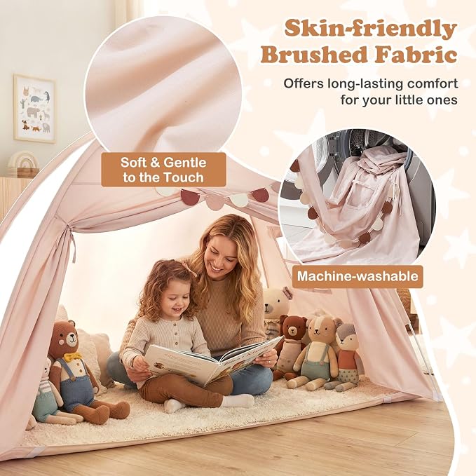 Costzon Toddler Bed Tent, Twin Size Indoor Canopy Tent for Kids w/ 2 Windows, Flag Banner, Brushed Fabric Privacy Playhouse, Portable Play Tent for Bunk Bed, Playroom, Suits 3+ Boys & Girls (Beige)