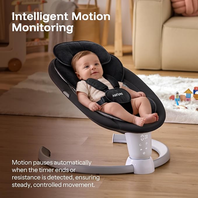 HARPPA Weddell Electric Baby Swing for Infants, 5-Point Harness, 5 Motion Levels, Remote & Touch Control, Built-in Melodies, Portable Baby Swing for Indoor Use,Matte Black