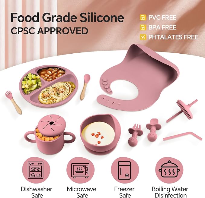 Silicone Baby Feeding Set, BPA Free Baby Feeding Essentials, Baby Suction Bowl, Plates, Bib, Sippy Cup, Spoons set, Baby Led Weaning Supplies to Develop Self-feeding Skills (Pink, With Lid)