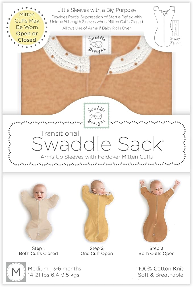 SwaddleDesigns Transitional Swaddle Sack, Arms Up Half-Length Sleeve Mitten Cuff, Most Gradual Transition Swaddle for Newborn