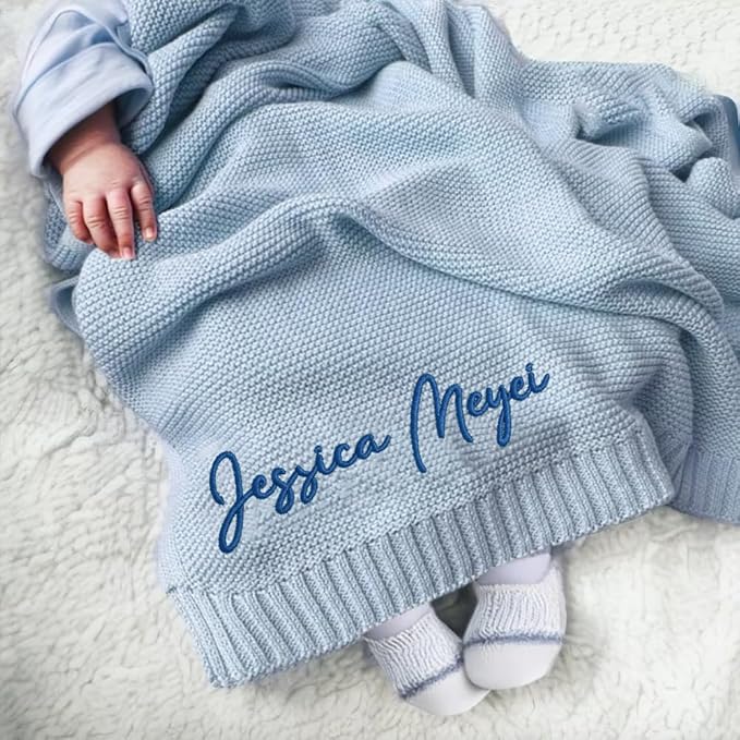 Luxury Personalized Name Knitted Baby Blanket -Embroidered, Soft Breathable Cotton Knit for Newborns - Valentine's Gift for New Moms, Baby Boy Girl Birthday Christmas.