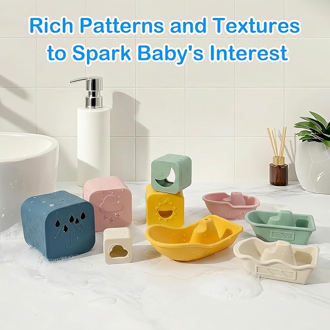 MCGMITT Baby Bath Toys for Kids Ages 1-3, 12 PCS Silicone Mold Free Bathtub Toys for 6-12 Months, Soft Stacking Cups & No Hole Duck & Floating Boats, Beach Sand Water Table Pool Toys for Toddlers
