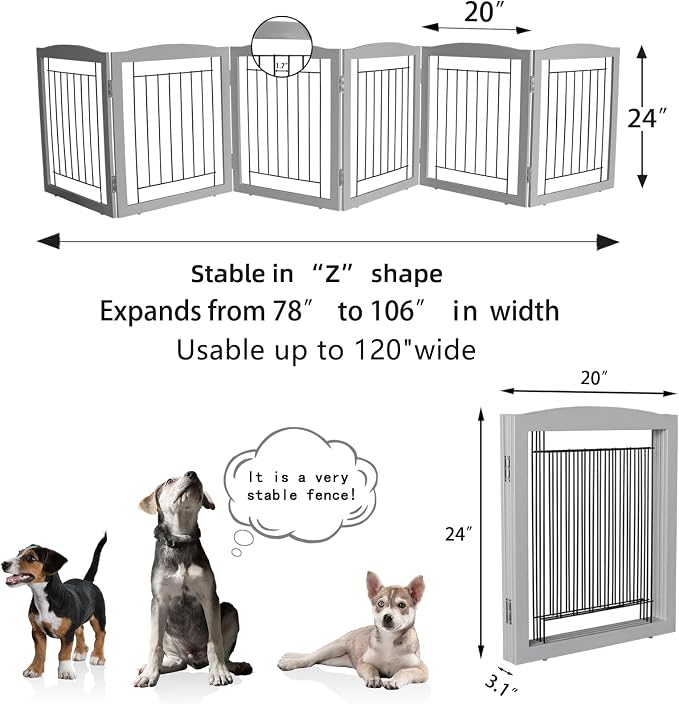 ZJSF Freestanding Foldable Dog Gate for House Extra Wide Wooden Grey Puppy Gate Stairs Dog Gates Doorways Tall Pet Gate 24" Height 6 Panels Pet Fence