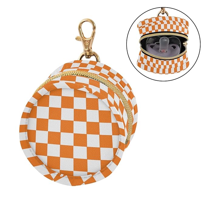 Checkered Plaid Orange Print Pacifier Holder Case with Metal Clip Portable Paci Case for Baby