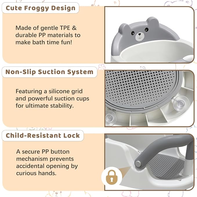 Baby Bath Seat for Babies 6 Months & Up, Non-Slip Toddler Bath Seat with Suction Cup, Baby Friendly and Comfortable Portable Infant Bathtub Chair Sitting Up for Bathroom (Grey)