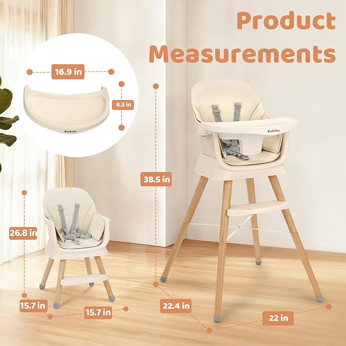 Ezebaby Portable Baby High Chair, High Chairs for Babies and Toddlers with Adjustable Legs, 6-in-1 Convertible to Booster Seat for Dining Table, Toddlers High Chair with Removable Cushions - Cream