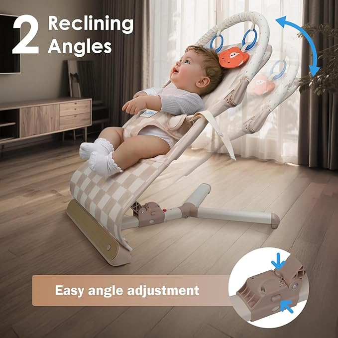 Tiny Marvels Baby Bouncer Seat 0–12 Months, Ergonomic Portable Design with 3-Point Harness, Soothing Music & Removable Bar, Foldable Baby Seat for Newborns & Toddlers Under 20 lbs