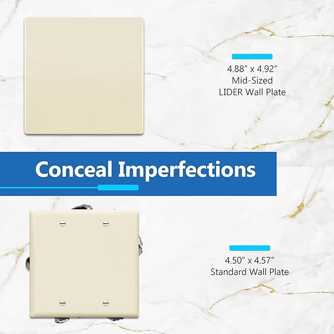 LIDER Double Blank Wall Plate, Temperature and Impact Resistant, UL Listed, Polycarbonate Thermoplastic, Screwless Design, Matte Finish, Modern Upgrade, Midsize, 2-Gang, 4.88??x 4.92?? Light Almond